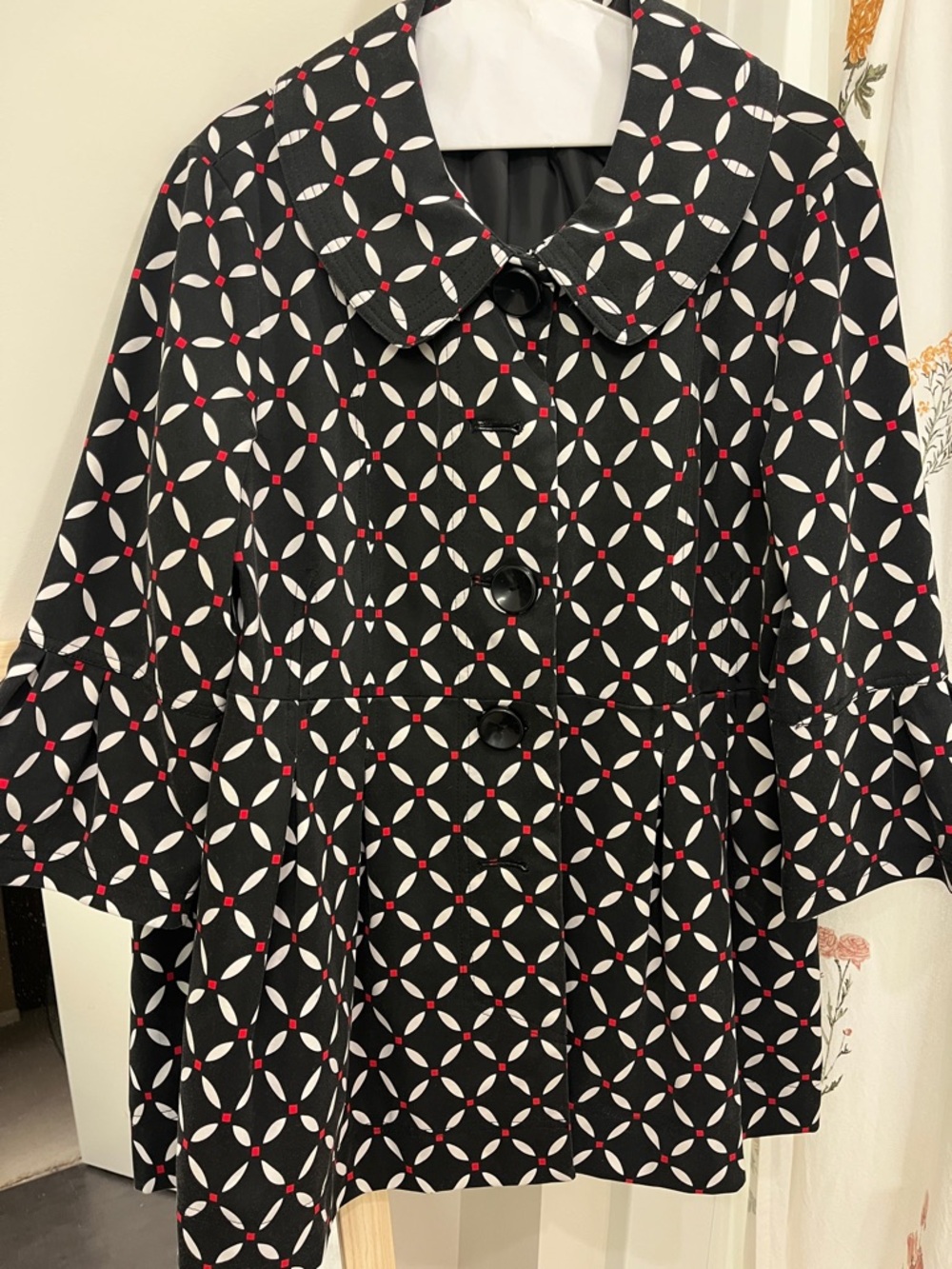 Black Geometric Print Button Front Jacket with Red and White Accents